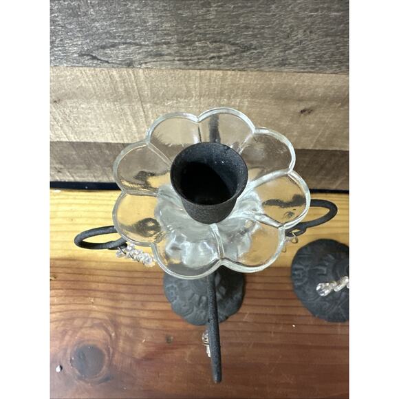 Wrought Iron Scroll Candle Holders Glass Ornate Decorative Prisms Set Of 2 - Picture 7 of 9